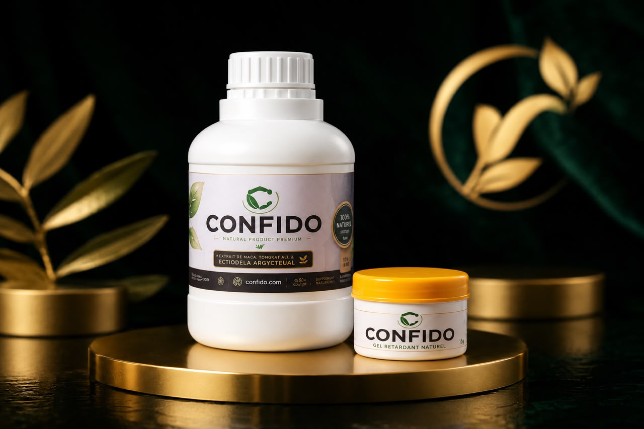Duo Confido — bidon Confido 100% naturel et pot de gel retardant naturel présentés sur un socle doré